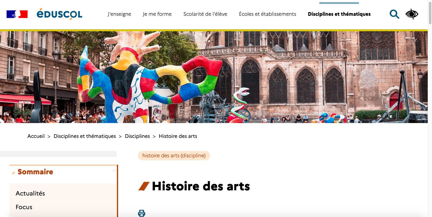 Page Eduscol Histoire des Arts | Portail pédagogique académique